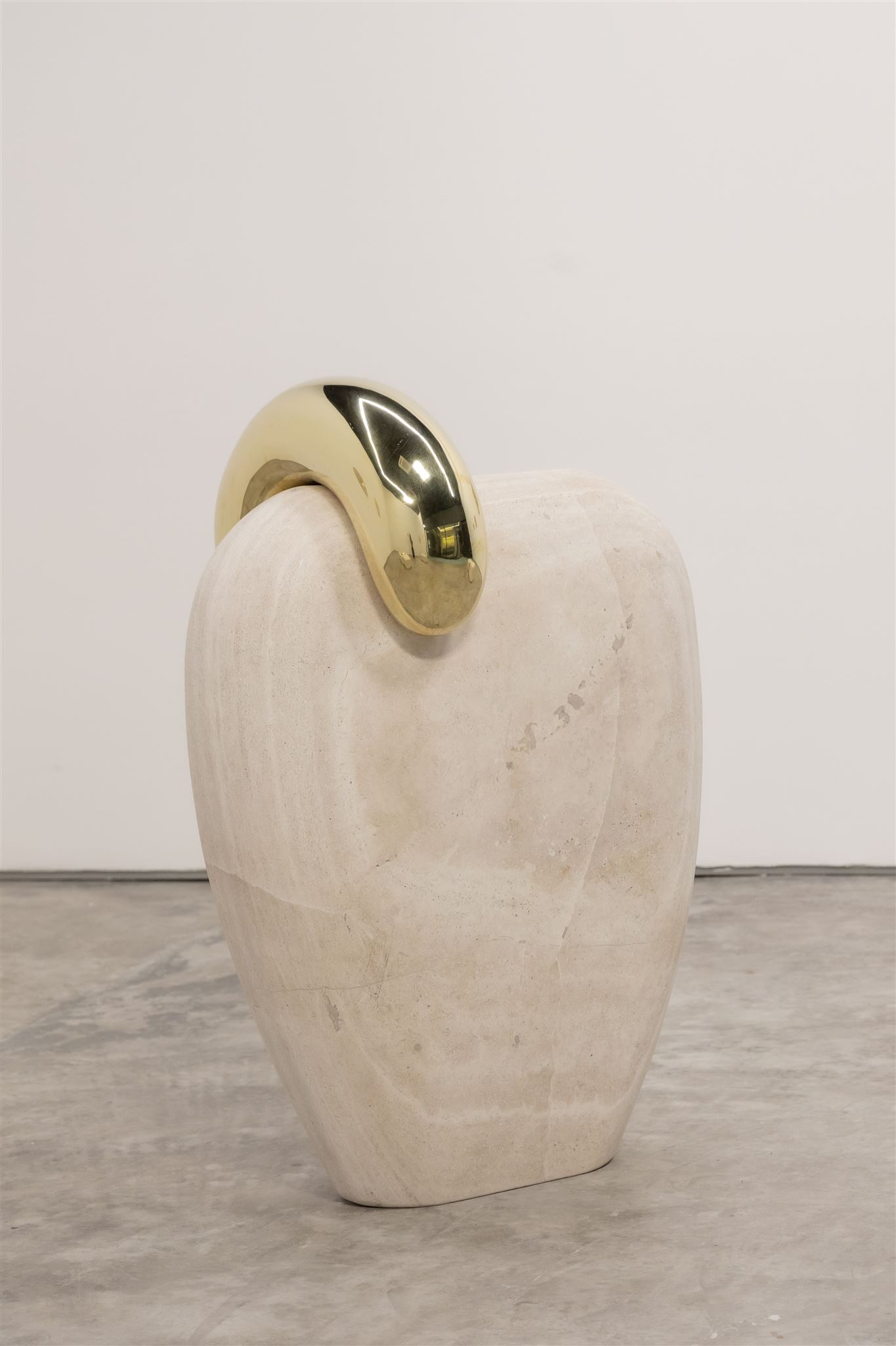 Father and Child, 2023, White Travertine and Polished Bronze, 116 x 87 x 33cm rel=