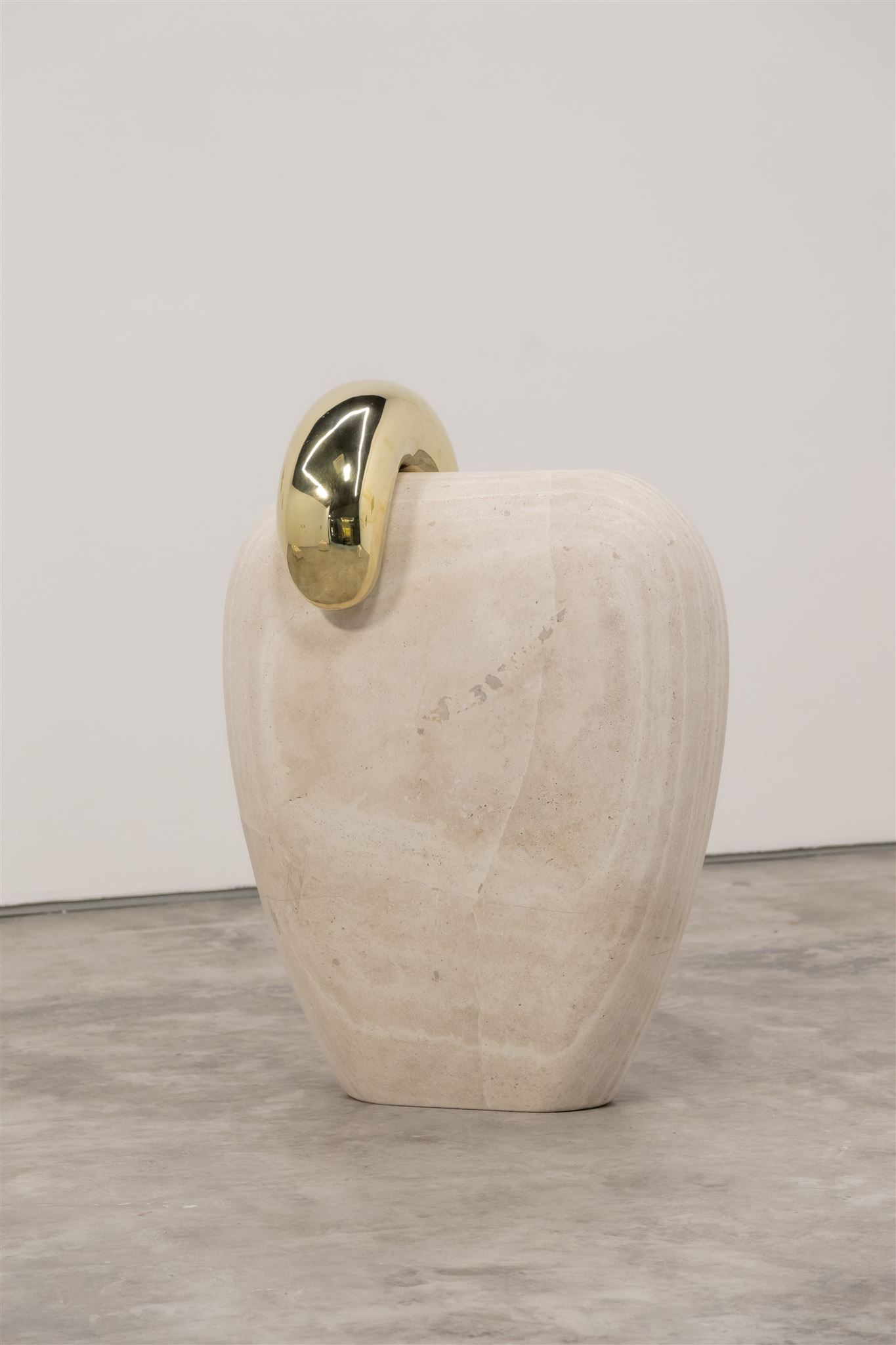 Father and Child, 2023, White Travertine and Polished Bronze, 116 x 87 x 33cm rel=